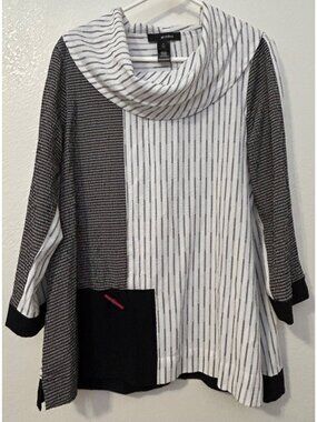Ali Miles Women's Sz M Cowl Neck Tunic Black White Striped 3/4 Sleeve Abstract